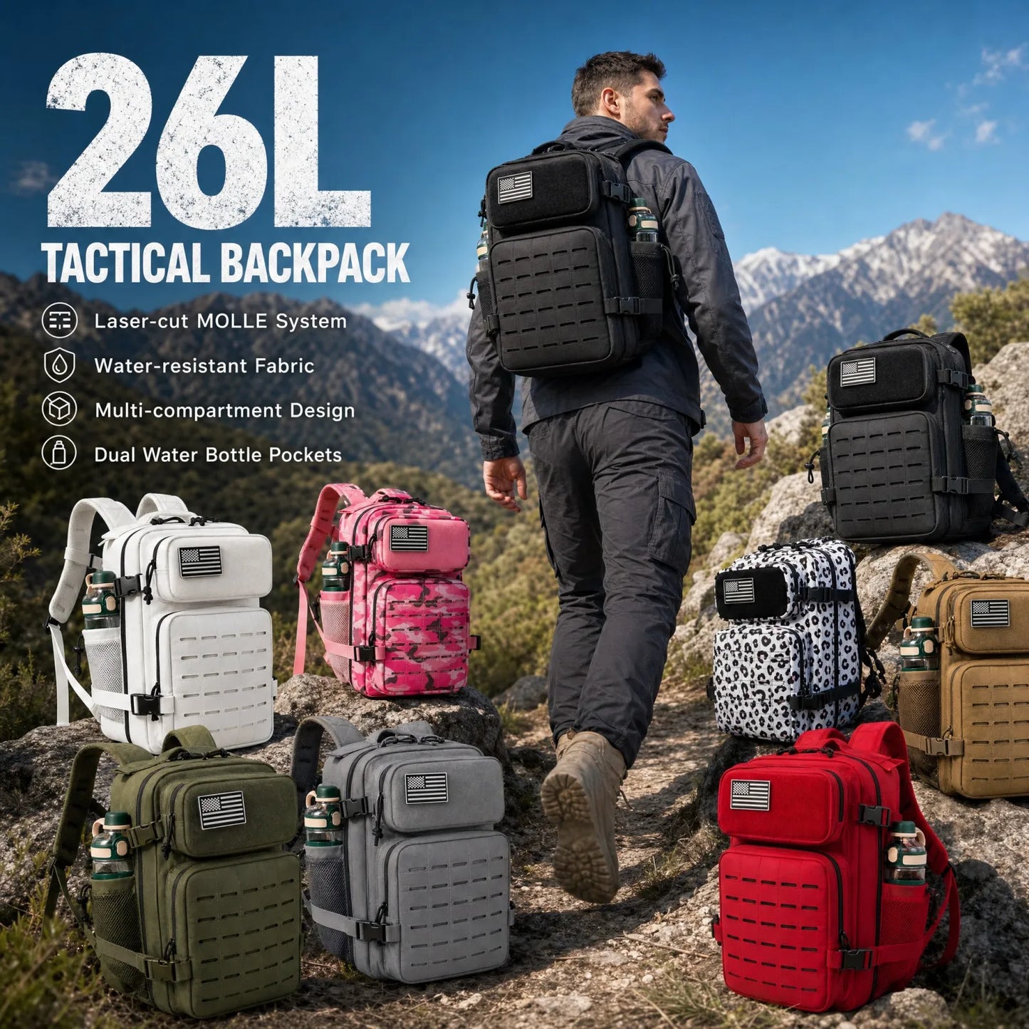 26L MOLLE Tactical Hiking Backpack with Dual Bottle Holders