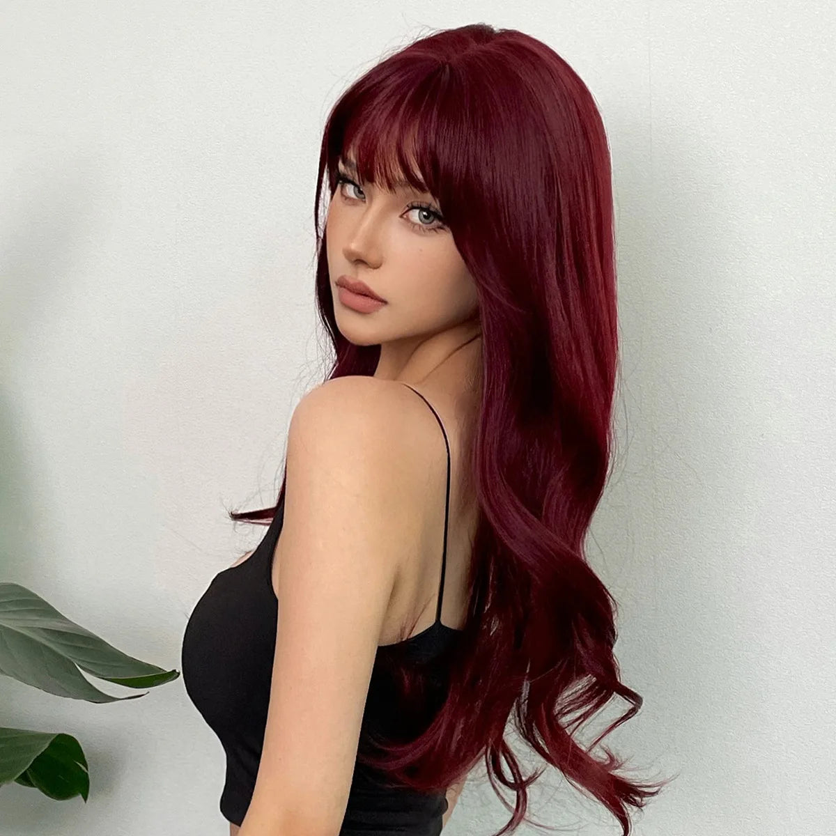 Wine Red Long Curly Wig with Bangs