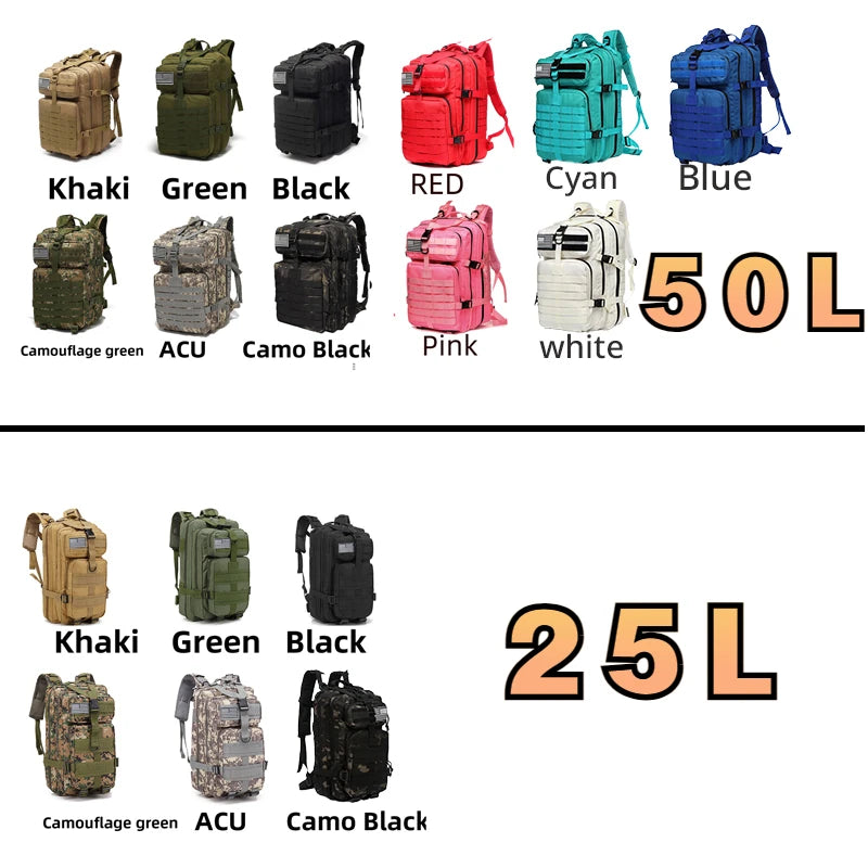 25L or 50L Waterproof Tactical Hiking Backpack