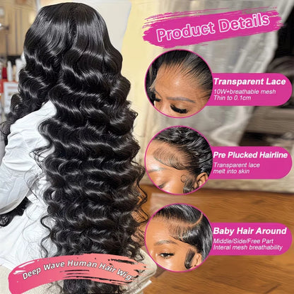 Women's Deep Wave HD Lace Front Human Hair Wig 200% Density
