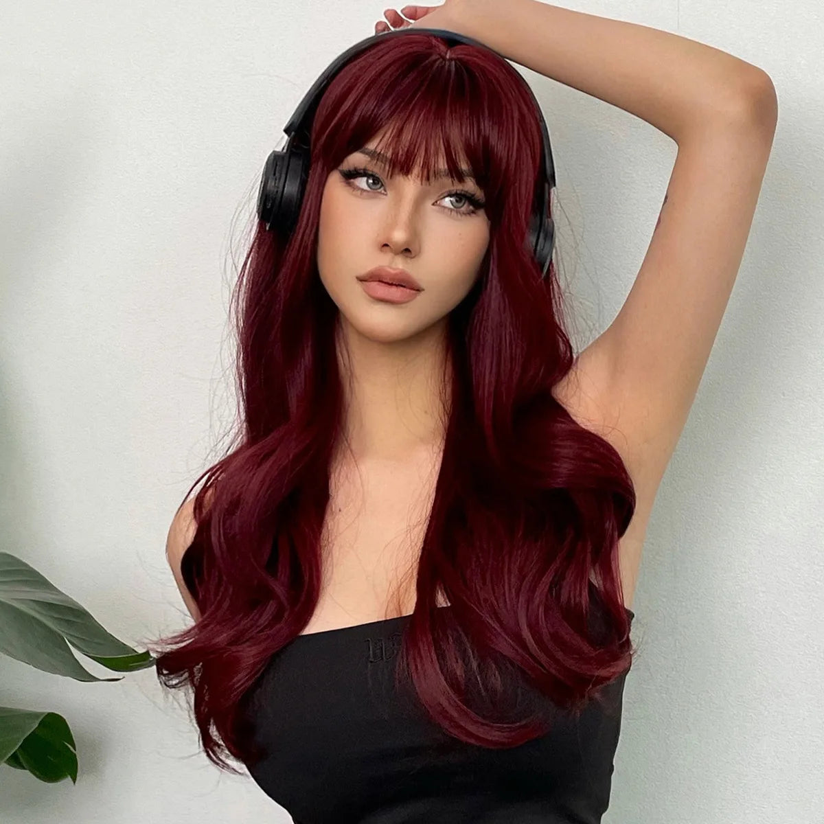 Wine Red Long Curly Wig with Bangs