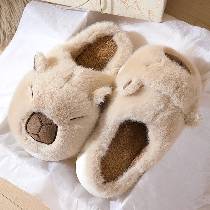 Cute Capybara Plush Slippers for Women Warm Non Slip Winter Home Shoes