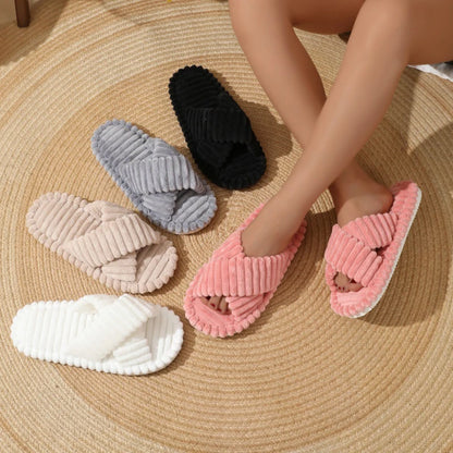Women’s Corduroy Cross Band Plush Home Slippers Warm Indoor Slides