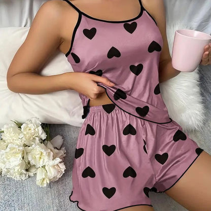 Women’s Pink Heart Print Pajama Set T Shirt & Shorts