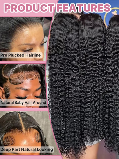Women's 40 to 50 Inch 300% Density Deep Wave HD Lace Front Human Hair Wig