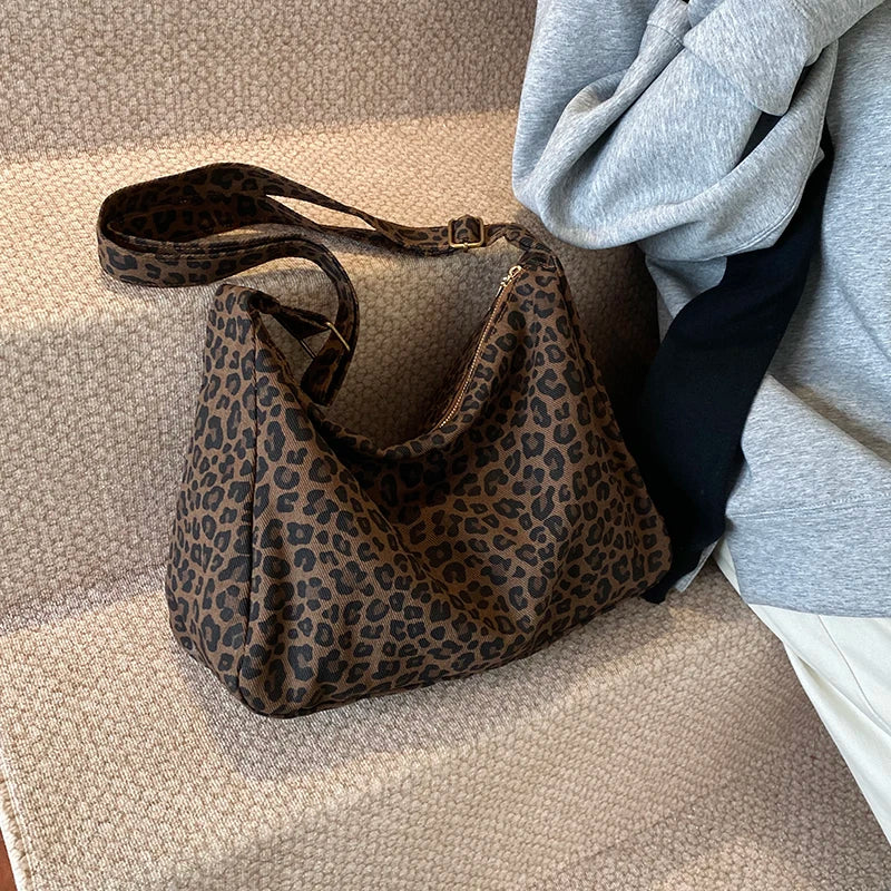 Women’s Leopard Print Soft Textile Shoulder Crossbody Bag Large Capacity