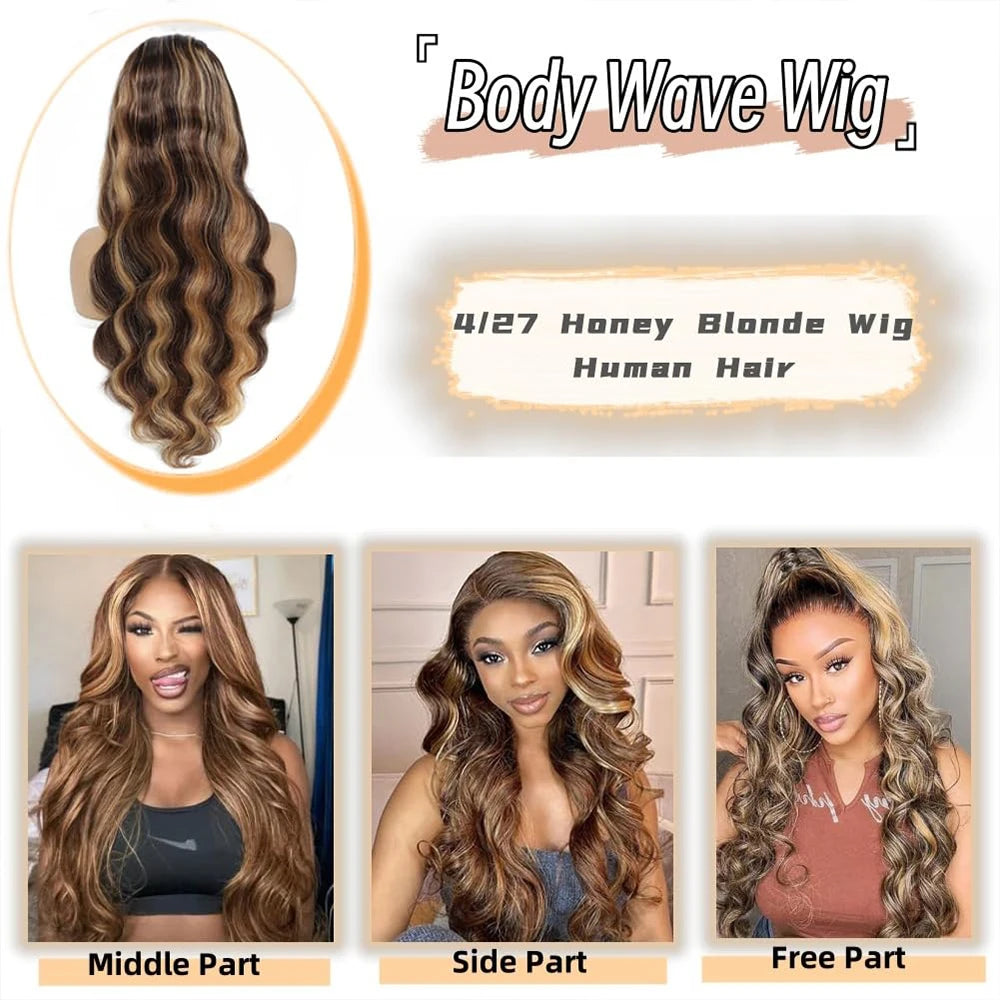34 Inch Honey Blonde Ombre Body Wave 13x4 HD Lace Human Hair Wig 200% Density