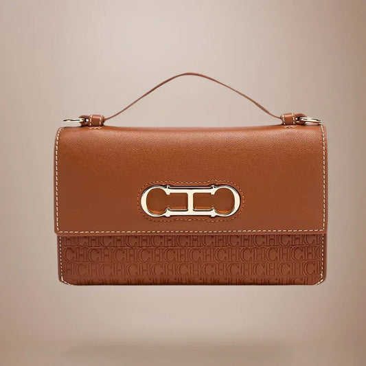 Leather Structured Handbag with Monogram Clasp for Women