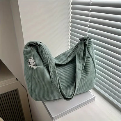 Women’s Corduroy Striped Tote Bag with Zipper Large Capacity Handbag