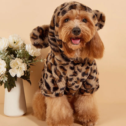 Leopard Plush Dog Hoodie with Ears for Small & Medium Dogs