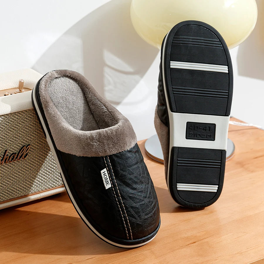 Men’s PU Leather Fur Lined Winter House Slippers Big Size