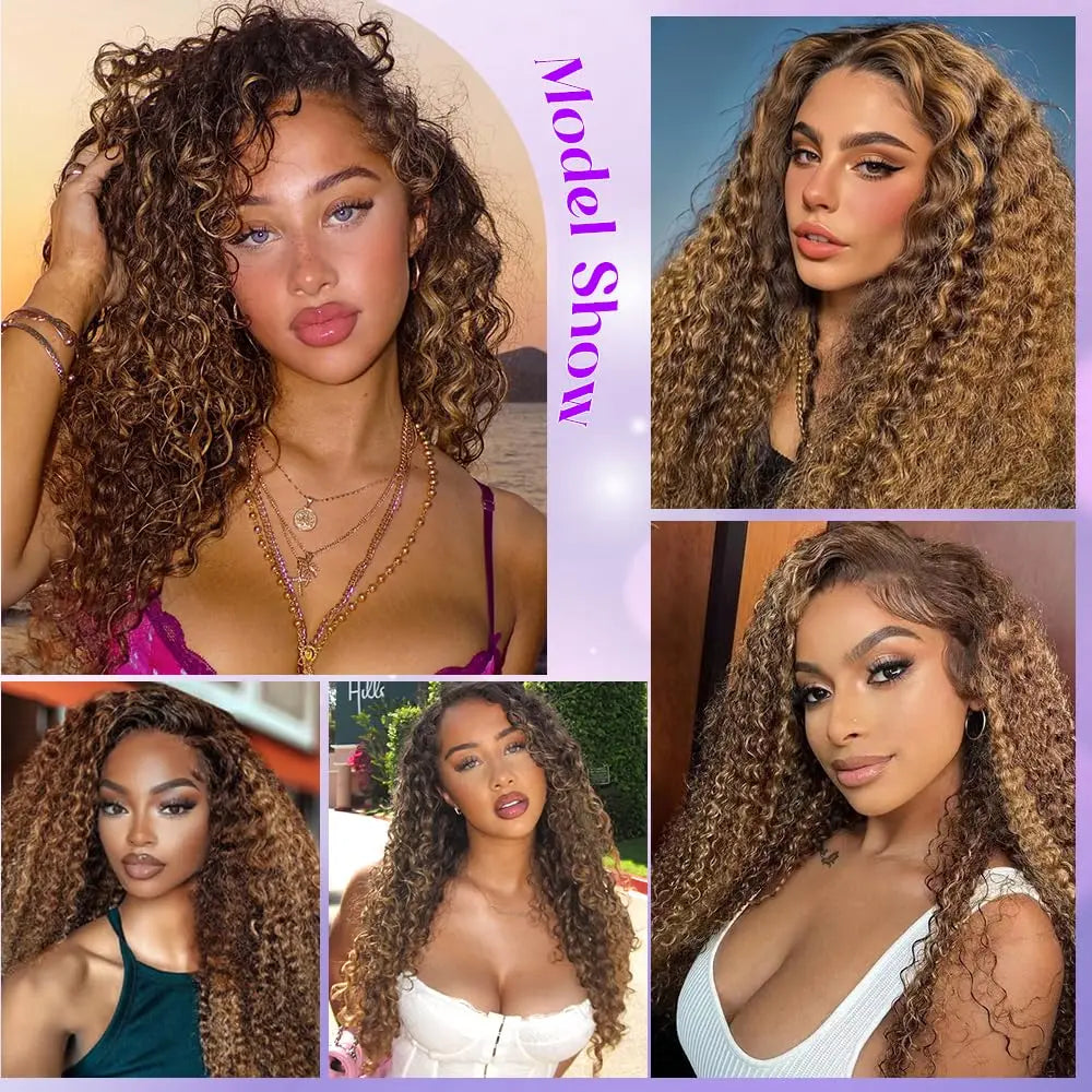 Women's 28 Inch Honey Blonde Highlight Deep Wave Human Hair Lace Front Wig