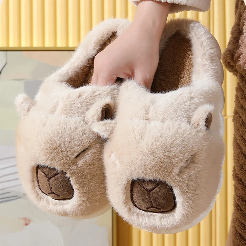 Cute Capybara Plush Slippers for Women Warm Non Slip Winter Home Shoes