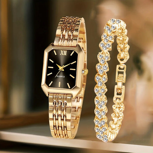 2PCS Women’s Rectangle Quartz Watch & Rhinestone Bracelet Set