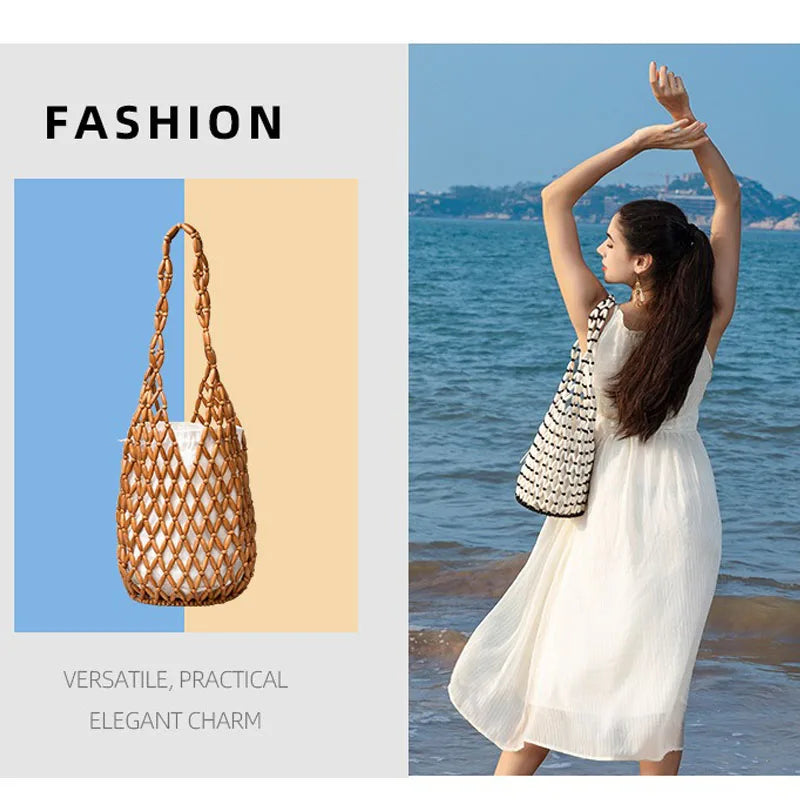Women’s Woven Wooden Bead Bucket Tote Shoulder Bag Handmade Style