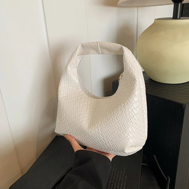 Women’s Woven Embossed PU Leather Hobo Shoulder Bag with Top Handle