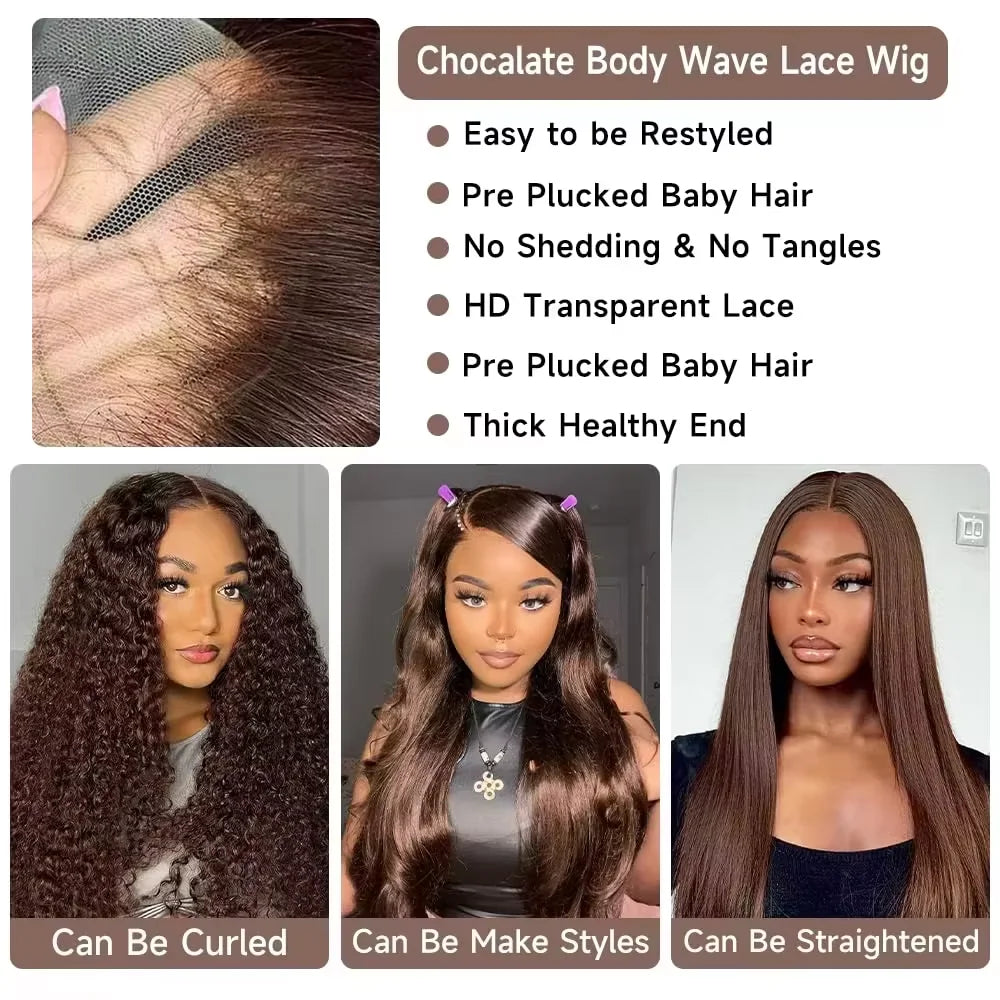 Women's 46 Inch Chocolate Brown Body Wave HD Lace Front Human Hair Wig