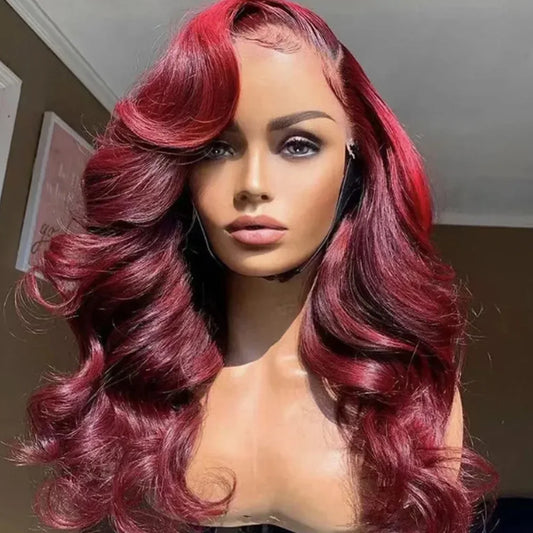 Women's 30 Inch 99J Burgundy Body Wave Human Hair Lace Front Wig