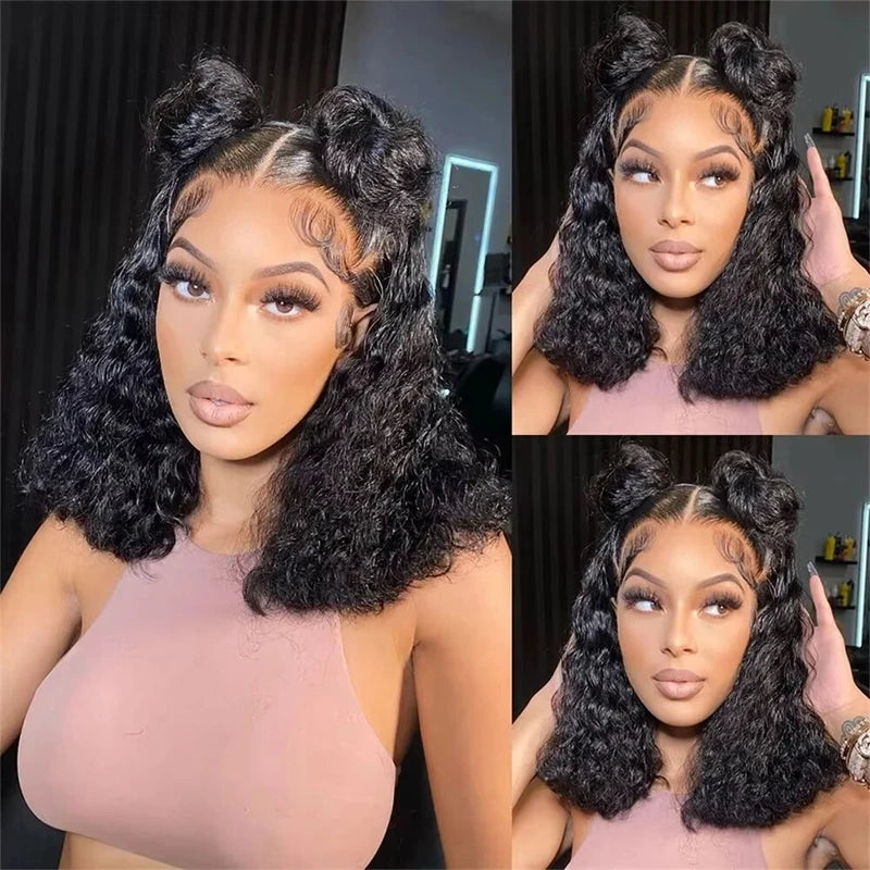 Women's 16 Inch Water Wave Bob Human Hair Lace Front Wig