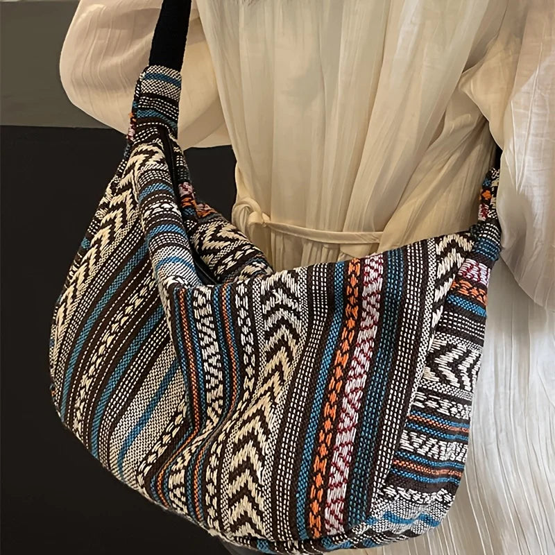 Tribal Striped Foldable Crossbody Bag with Zipper for Women