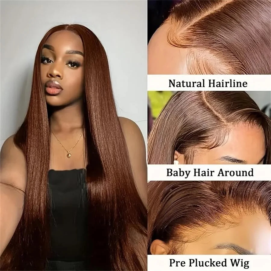 34 Inch Chocolate Brown Bone Straight 13x4 HD Lace Human Hair Wig 250% Density