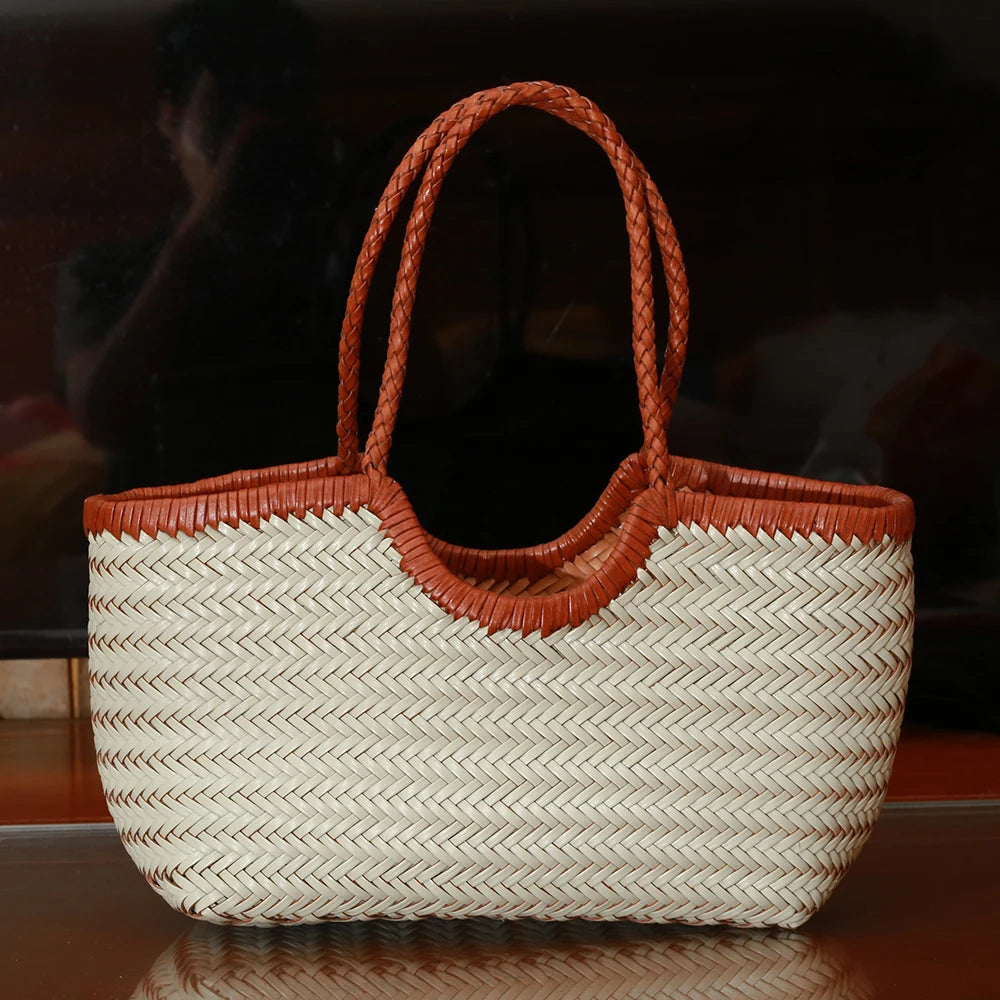 Genuine Leather Woven Shoulder Tote Bag for Women