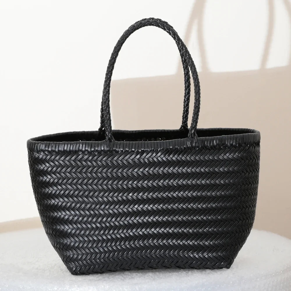 Genuine Leather Woven Shoulder Tote Bag for Women