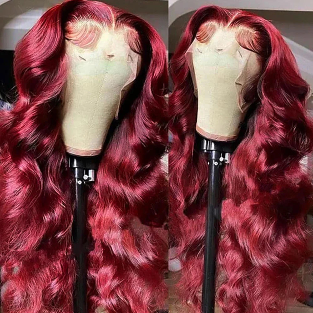 Women's 30 Inch 99J Burgundy Body Wave Human Hair Lace Front Wig