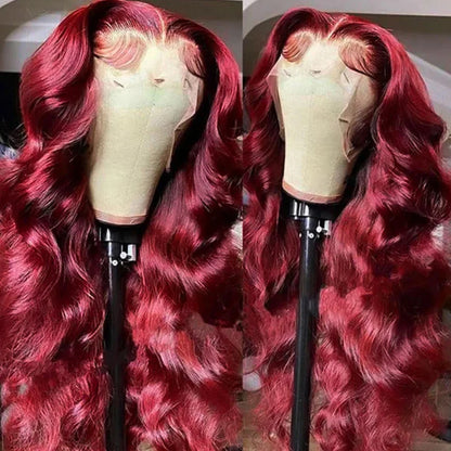 Women's 30 Inch 99J Burgundy Body Wave Human Hair Lace Front Wig