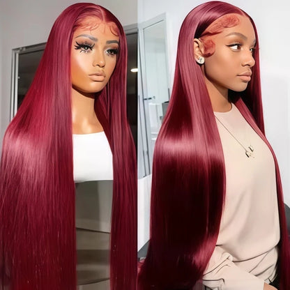 Women's 34 Inch 99J Burgundy Brazilian Human Hair Lace Front Wig