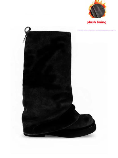 Women's Thick Sole Square Toe Pleated Knee High Boots