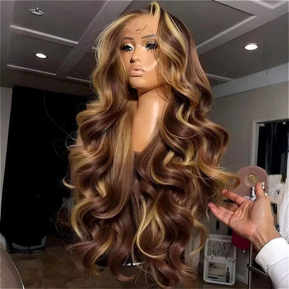 Women's 30 Inch Honey Blonde Highlight Body Wave Human Hair Lace Front Wig