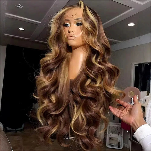 Women's 30 Inch Honey Blonde Highlight Body Wave Human Hair Lace Front Wig