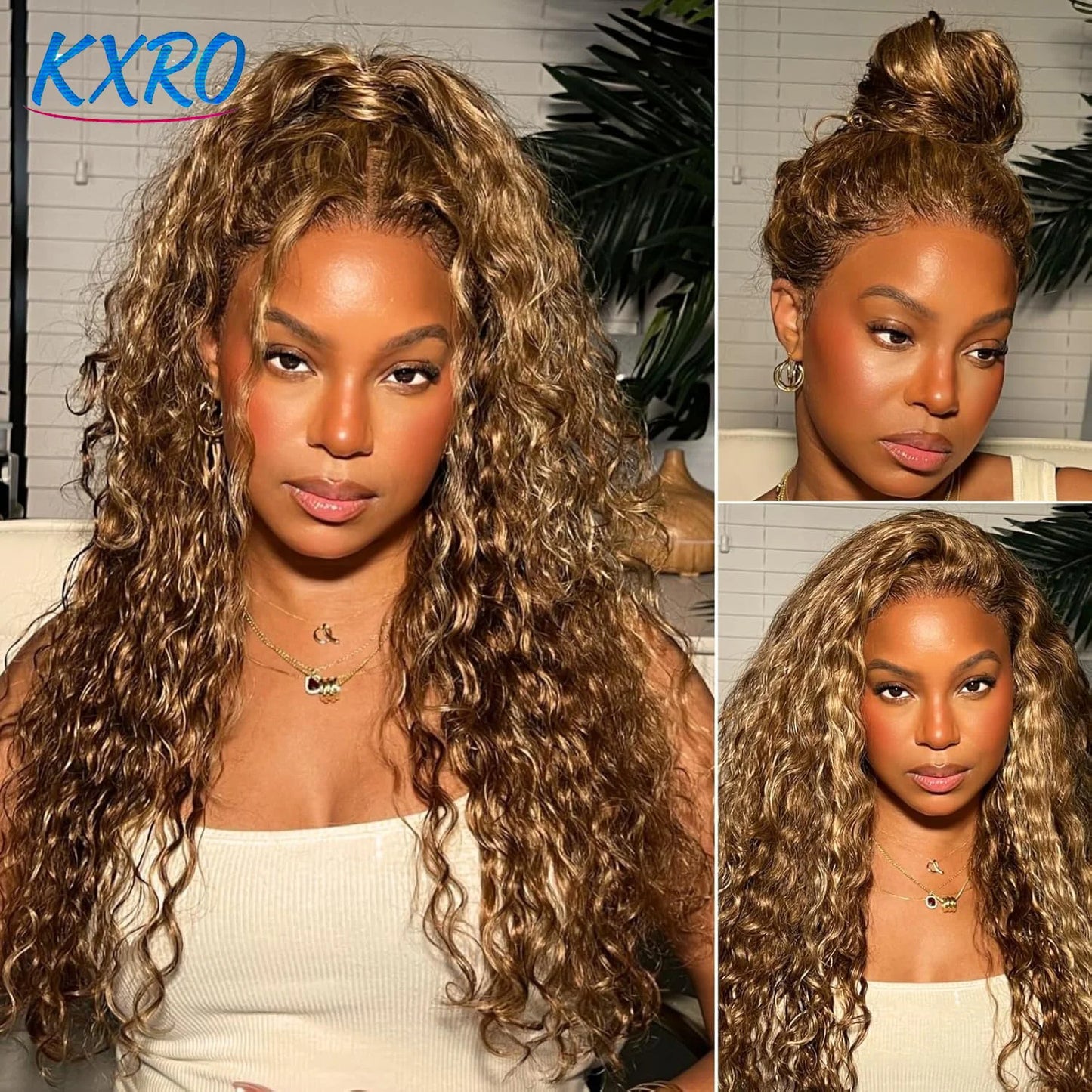 Women's 28 Inch Honey Blonde Highlight Deep Wave Human Hair Lace Front Wig