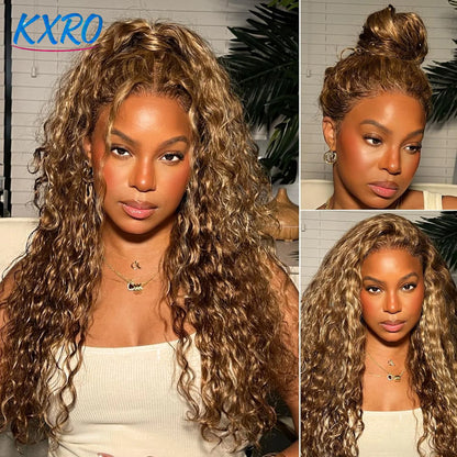 Women's 28 Inch Honey Blonde Highlight Deep Wave Human Hair Lace Front Wig