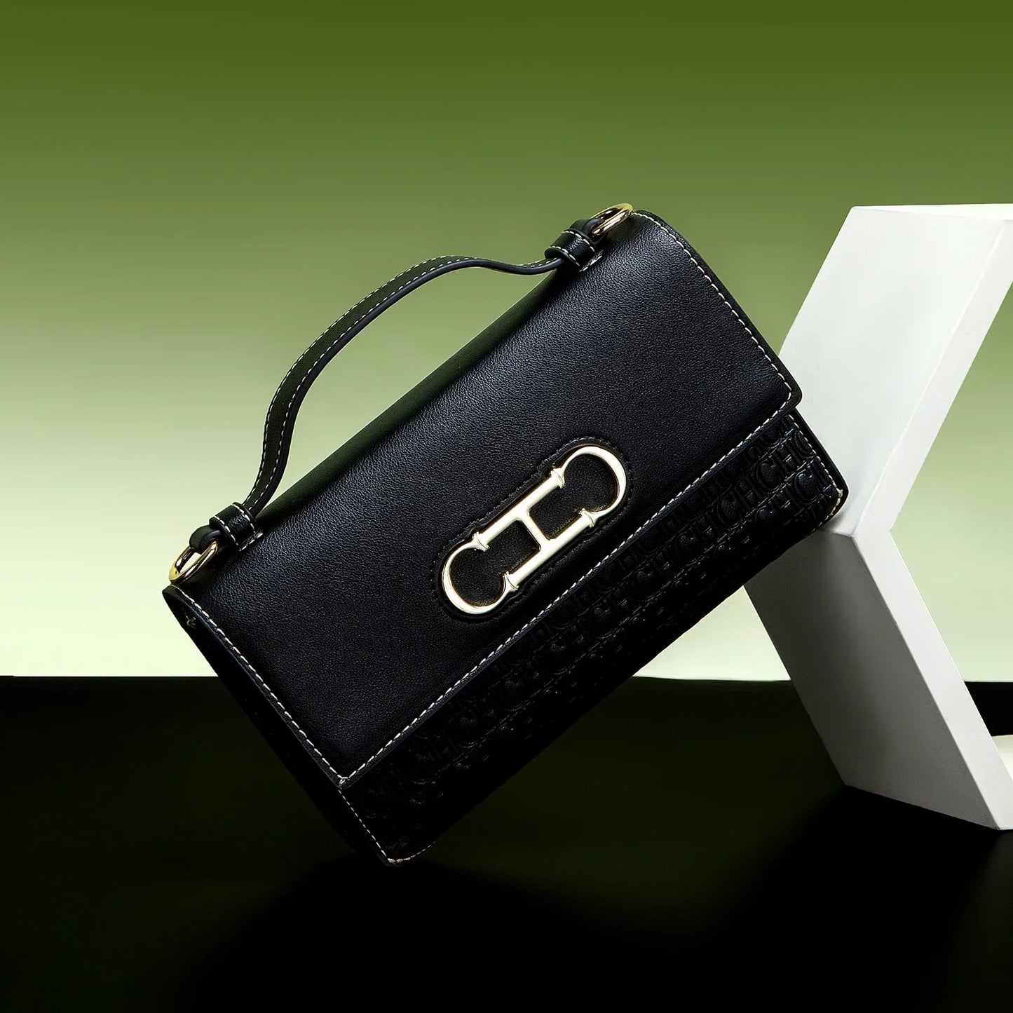 Leather Structured Handbag with Monogram Clasp for Women