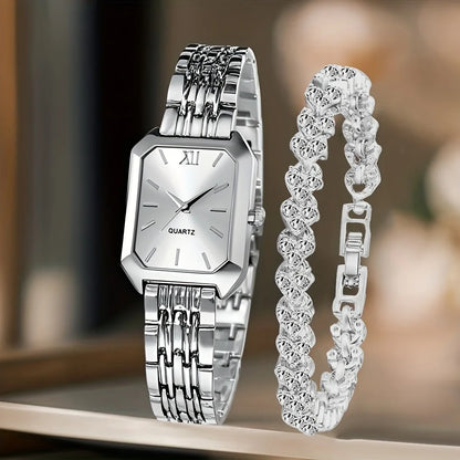 2PCS Women’s Rectangle Quartz Watch & Rhinestone Bracelet Set