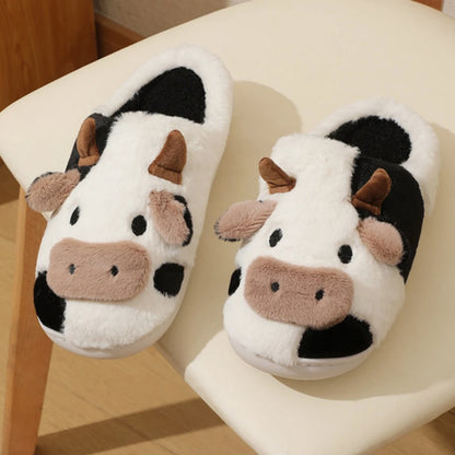 Warm Cartoon Cow Plush Slippers for Men & Women Winter Home Shoes