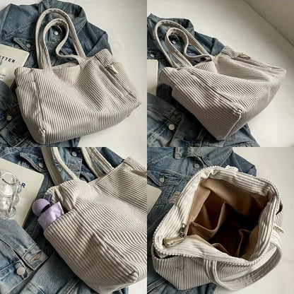 Large Corduroy Shoulder Tote Bag with Zipper for Women