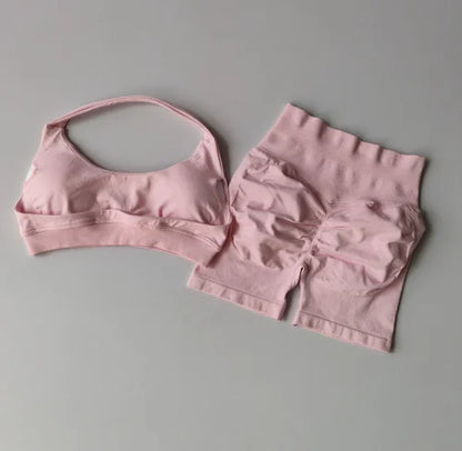 Women's Halter Sports Bra and High Waist Yoga Shorts Set