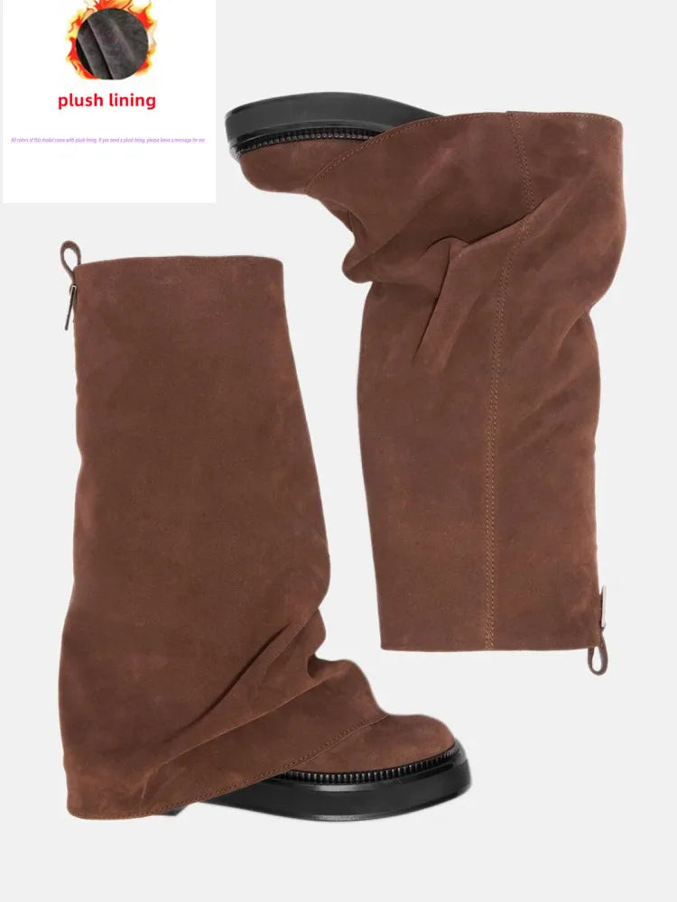 Women's Thick Sole Square Toe Pleated Knee High Boots