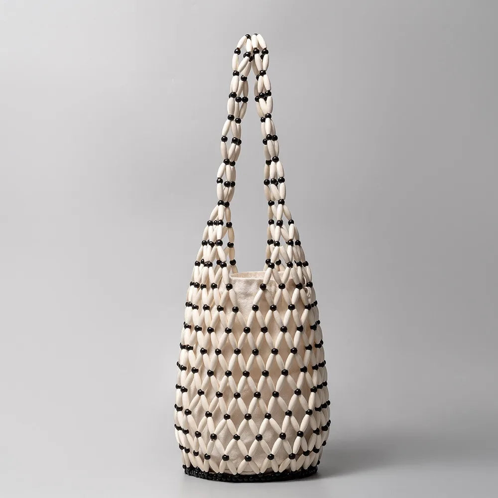 Women’s Woven Wooden Bead Bucket Tote Shoulder Bag Handmade Style