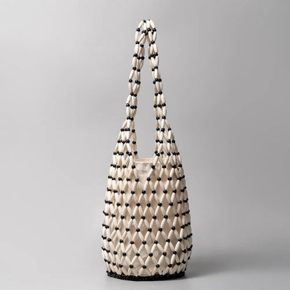 Women’s Woven Wooden Bead Bucket Tote Shoulder Bag Handmade Style