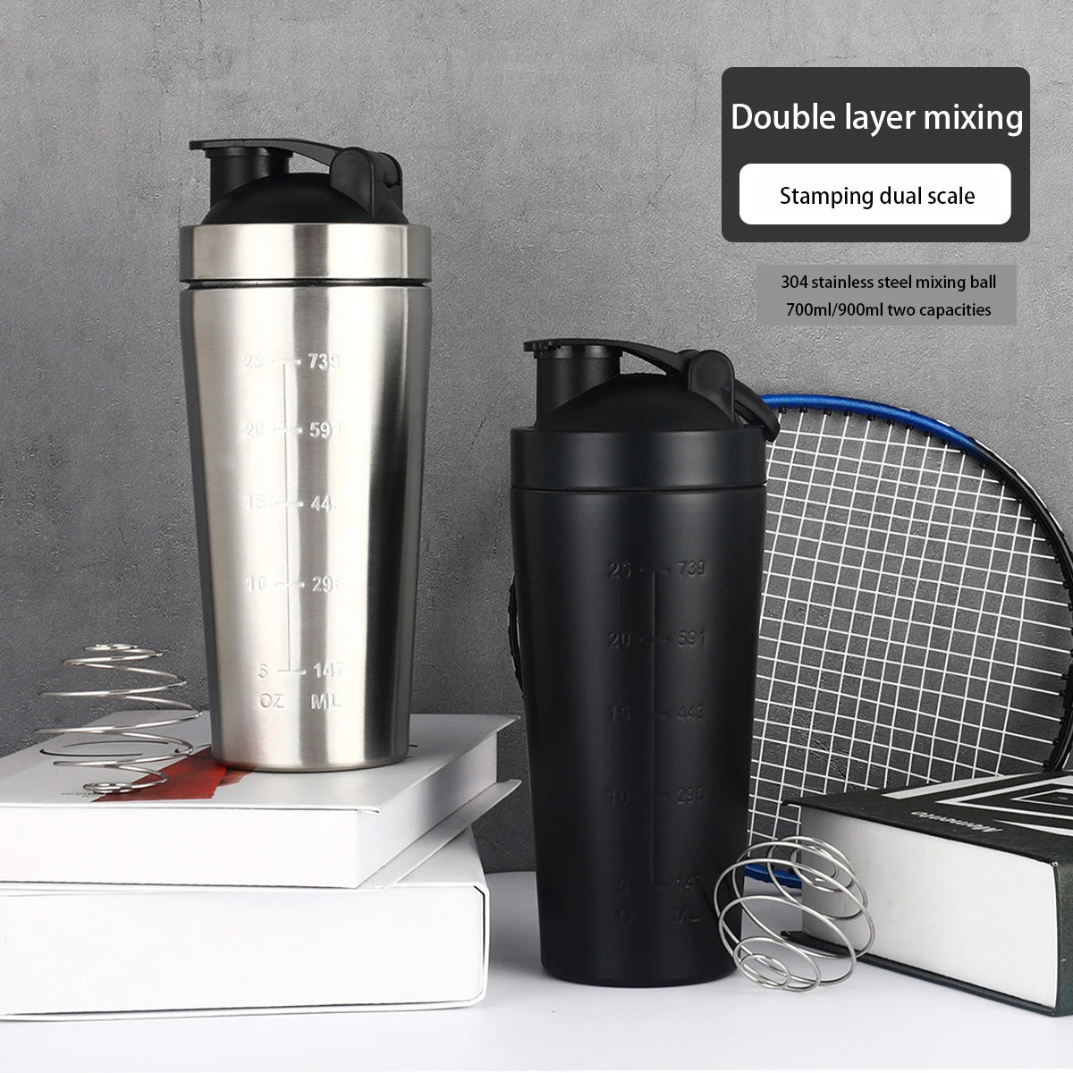 500ml or 750ml Stainless Steel Protein Shaker Bottle with Mixing Ball