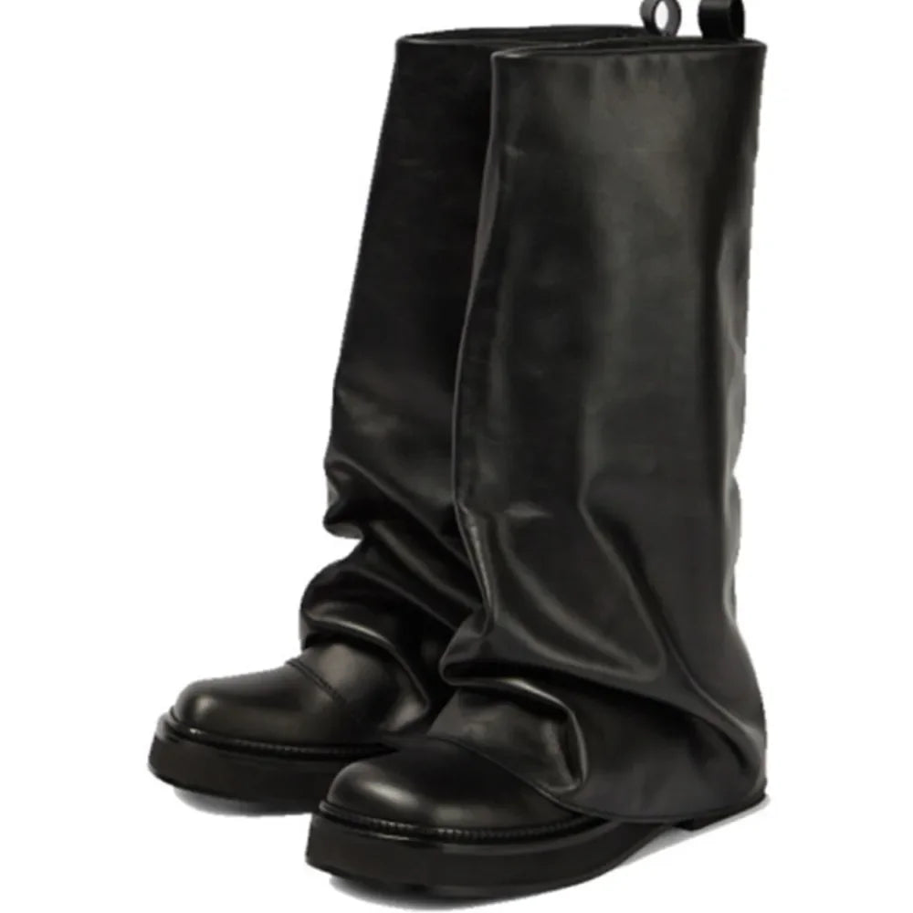 Women's Thick Sole Square Toe Pleated Knee High Boots