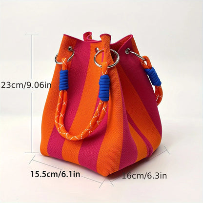 Multicolor Knitted Retro Bucket Bag Women’s Shoulder Handbag
