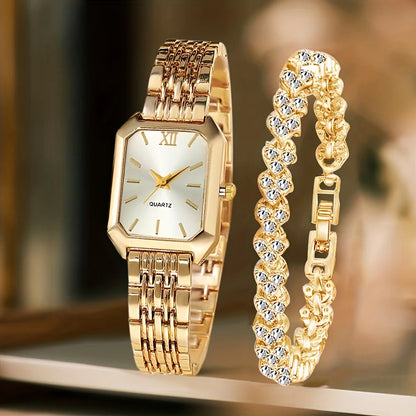 2PCS Women’s Rectangle Quartz Watch & Rhinestone Bracelet Set