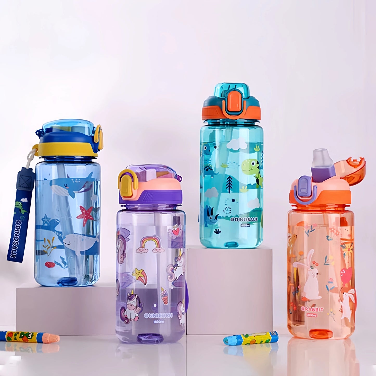 600ml Leak Proof Dinosaur Kids Water Bottle with Straw