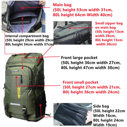 50L or 80L Large Capacity Hiking and Travel Backpack