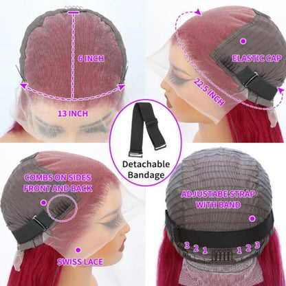 Women's 34 Inch 99J Burgundy Brazilian Human Hair Lace Front Wig